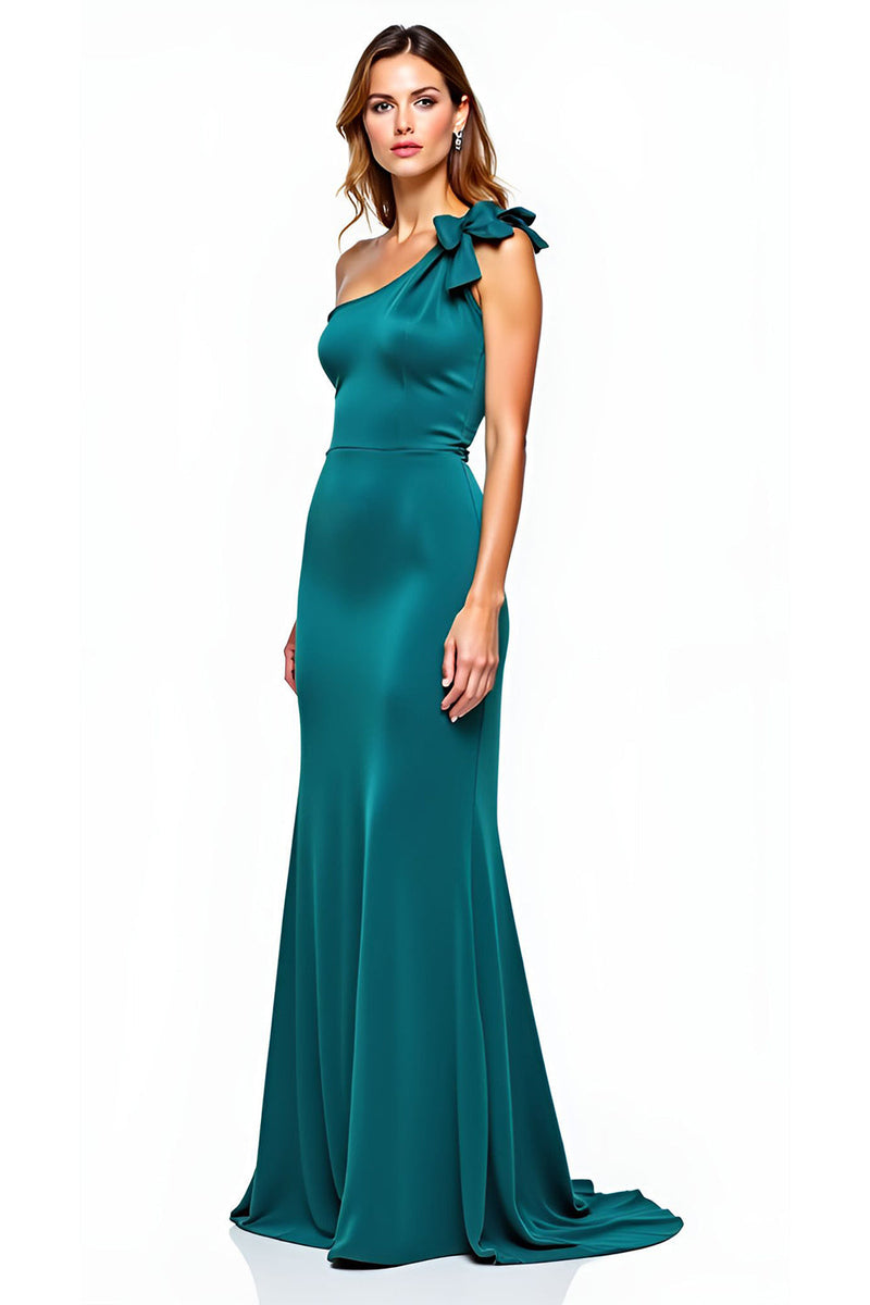 Load image into Gallery viewer, Peacock One Shoulder Bow Long Prom Dress