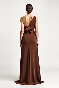 Brown Sheath One Shoulder Long Prom Dress with Bow