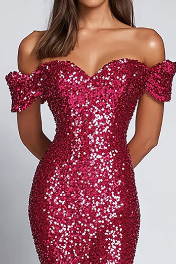 Sparkly Fuchsia Off the Shoulder Sequins Long Mermaid Formal Dress