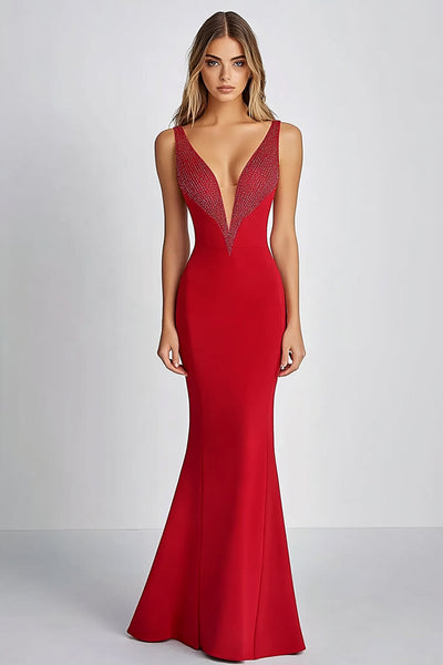 Red Deep V-Neck Long Sheath Formal Dress with Beading