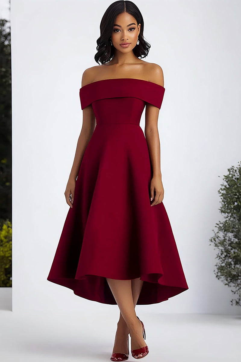 Load image into Gallery viewer, Burgundy A Line Off the Shoulder Long Formal Dress