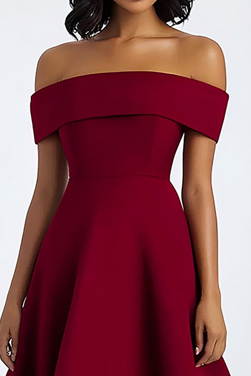 Load image into Gallery viewer, Burgundy A Line Off the Shoulder Long Formal Dress