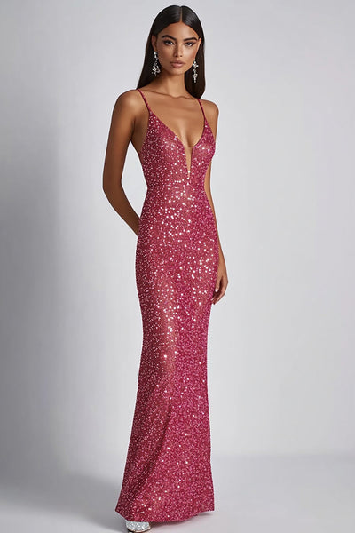 Sparkly Fuchsia Spaghetti Straps Long Sheath Formal Dress