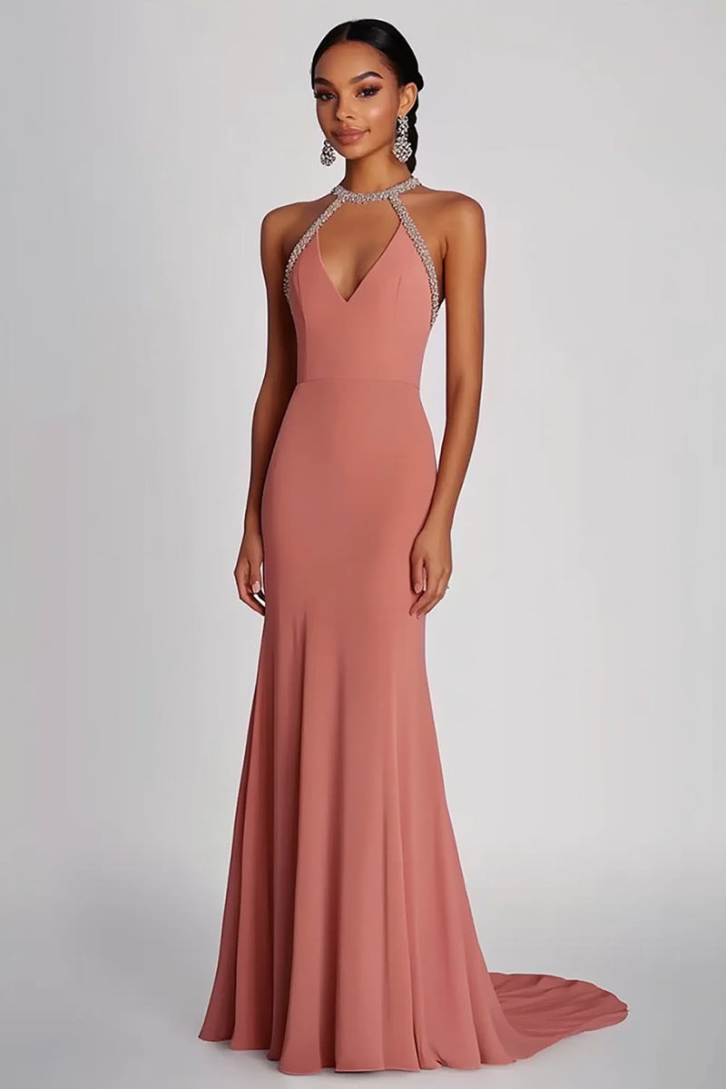 Load image into Gallery viewer, Halter Pink Neck Long Sheath Formal Dress with Beading