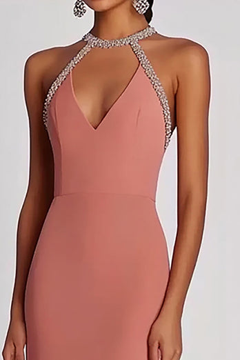 Halter Pink Neck Long Sheath Formal Dress with Beading