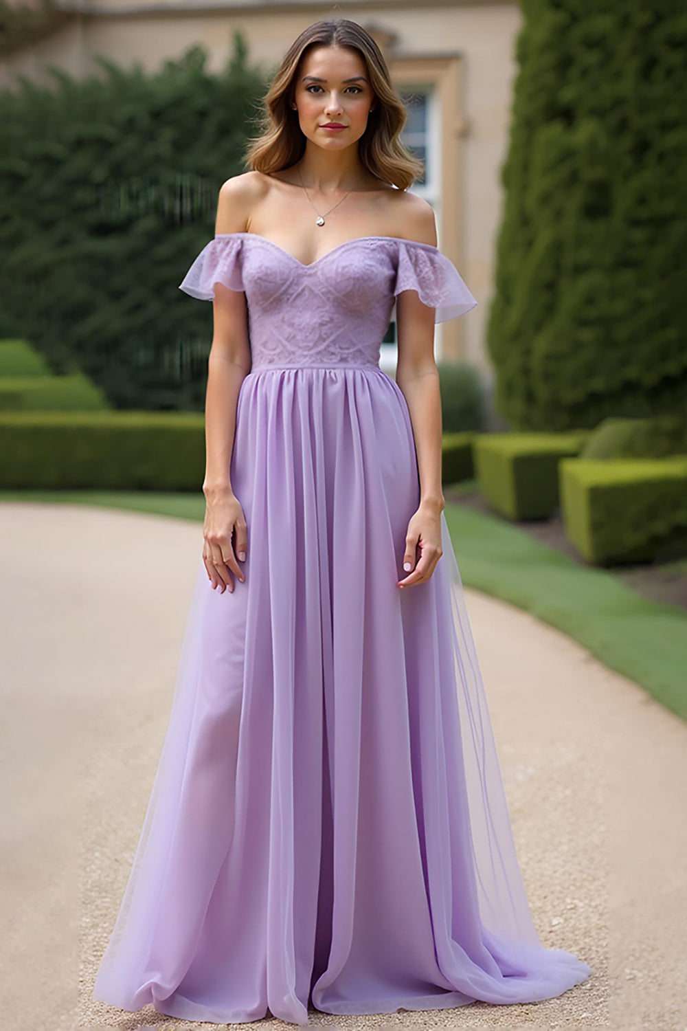 Lilac A Line Long Tulle Formal Dress with Ruffled Sleeves