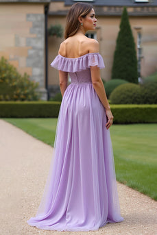 Lilac A Line Long Tulle Formal Dress with Ruffled Sleeves