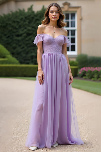 Lilac A Line Long Tulle Formal Dress with Ruffled Sleeves