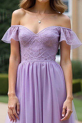 Lilac A Line Long Tulle Formal Dress with Ruffled Sleeves