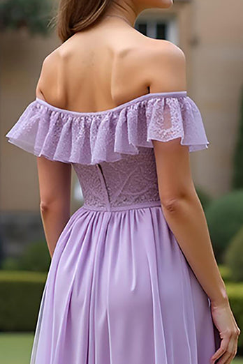 Lilac A Line Long Tulle Formal Dress with Ruffled Sleeves