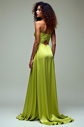 Lemon Green Ruched Strapless Long Satin Formal Dress with Slit