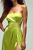 Load image into Gallery viewer, Lemon Green Ruched Strapless Long Satin Formal Dress with Slit