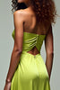 Load image into Gallery viewer, Lemon Green Ruched Strapless Long Satin Formal Dress with Slit