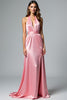 Load image into Gallery viewer, Pink Backless Halter Long Satin Formal Dress with Slit