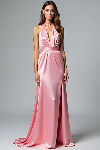 Pink Backless Halter Long Satin Formal Dress with Slit