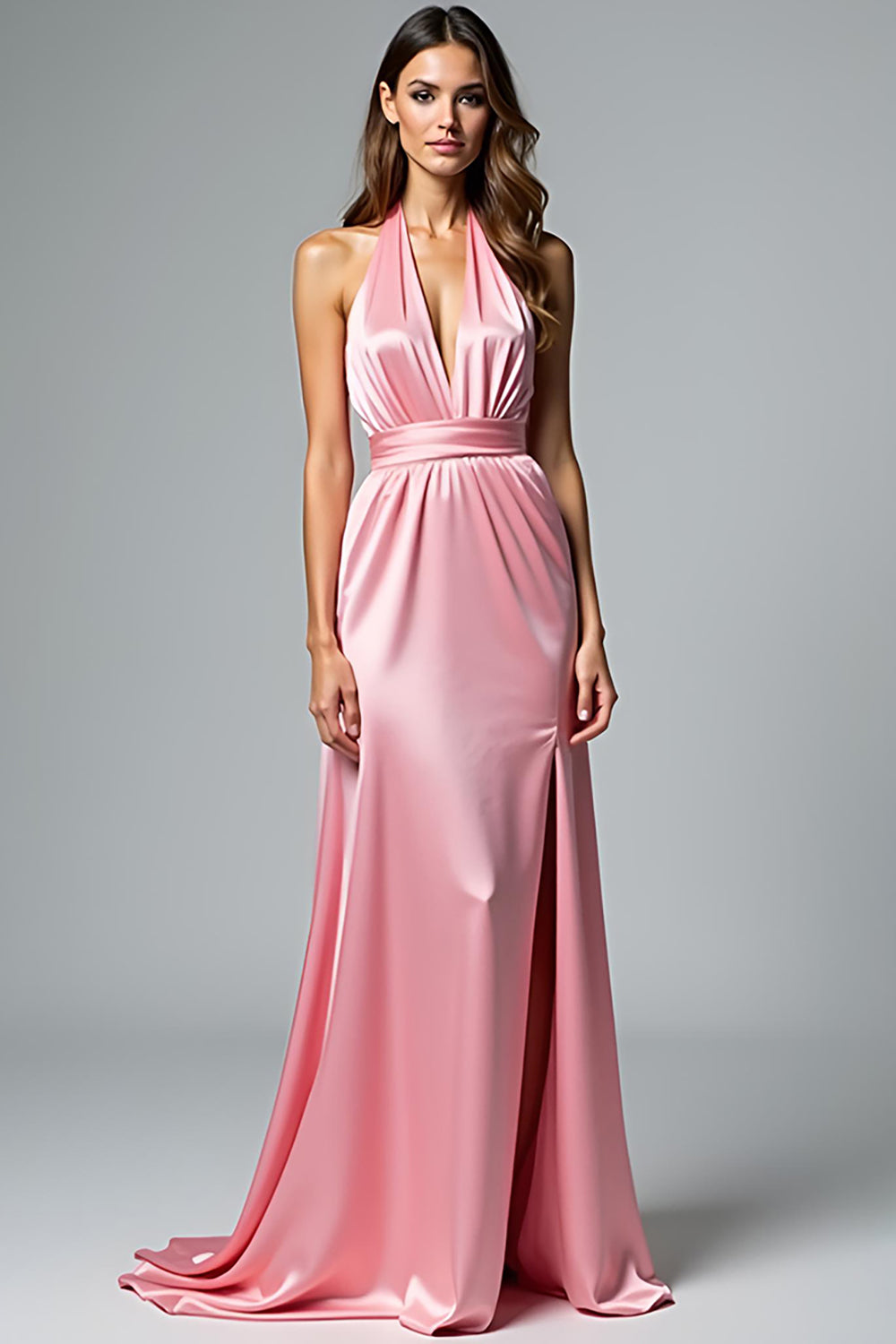 Pink Backless Halter Long Satin Formal Dress with Slit