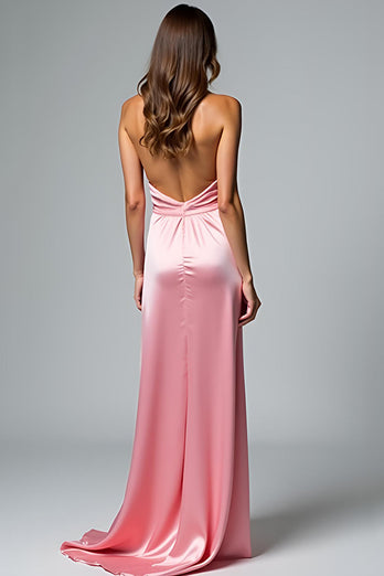 Pink Backless Halter Long Satin Formal Dress with Slit