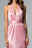 Load image into Gallery viewer, Pink Backless Halter Long Satin Formal Dress with Slit