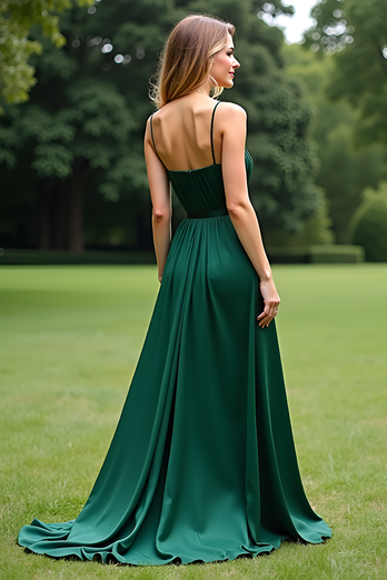 Dark Green A Line Satin Long Formal Dress