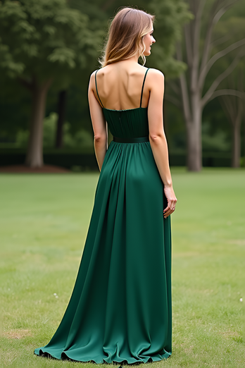 Dark Green A Line Satin Long Formal Dress