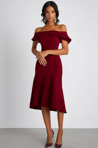 Off the Shoulder Burgundy Satin Long Formal Dress