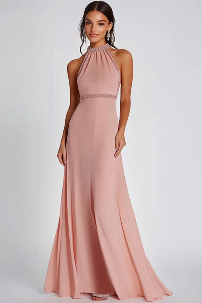 Pink Halter Sheath Long Formal Dress with Beading