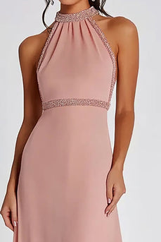 Pink Halter Sheath Long Formal Dress with Beading