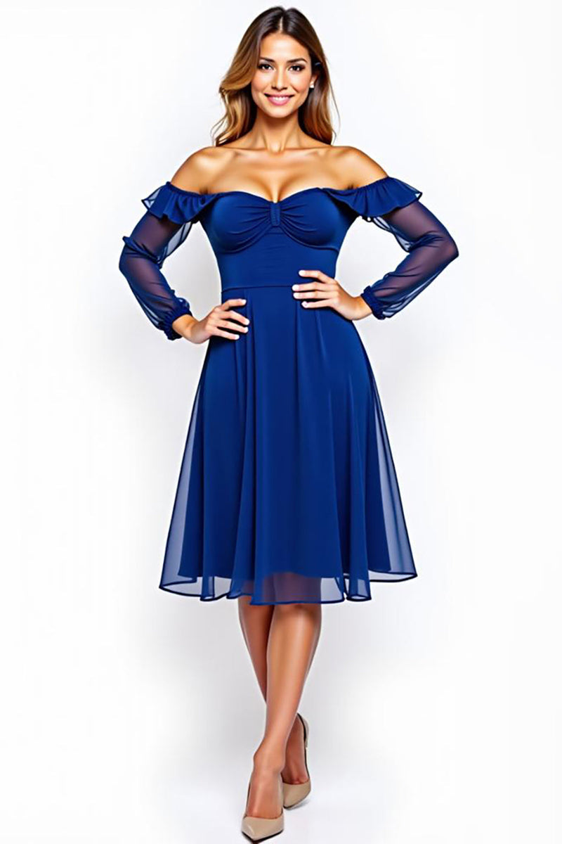 Load image into Gallery viewer, Royal Blue Off the Shoulder Chiffon Short Formal Dress