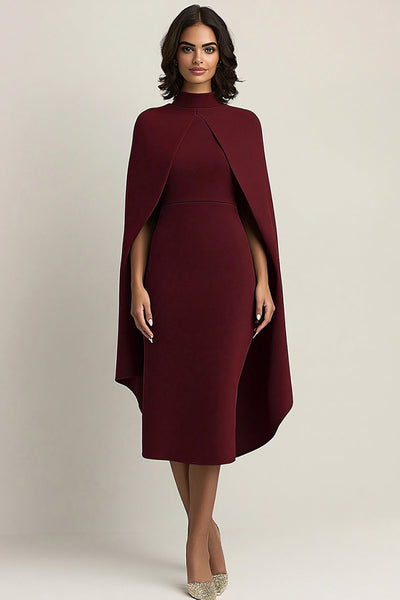 Burgundy High Neck Sheath Long Formal Dress with Shawl