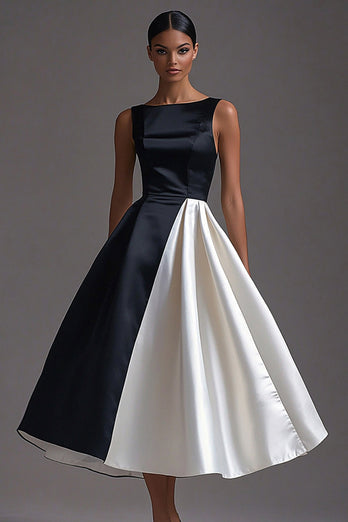 White Sleeveless A Line Long Black Tie Dress