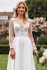 Load image into Gallery viewer, Ivory Satin Illusion A Line Sweep Train Wedding Dress with Lace