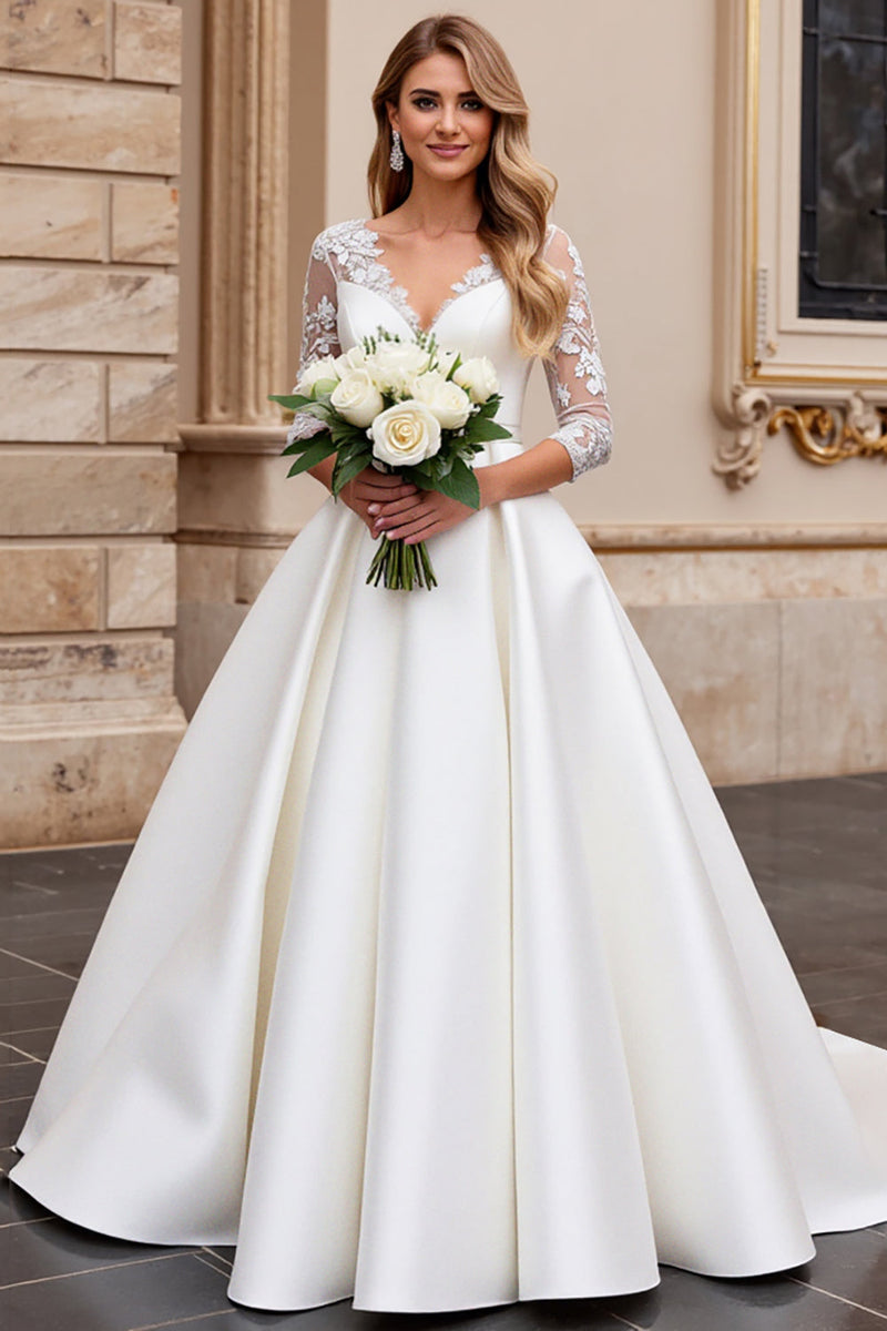 Load image into Gallery viewer, Ivory Satin A Line Sweetheart Sweep Train Wedding Dress with Lace