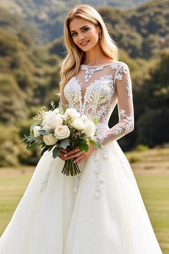 Ivory Sweep Train A Line Illusion Boat Neck Wedding Dress with Lace