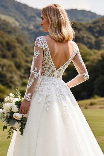 Ivory Sweep Train A Line Illusion Boat Neck Wedding Dress with Lace