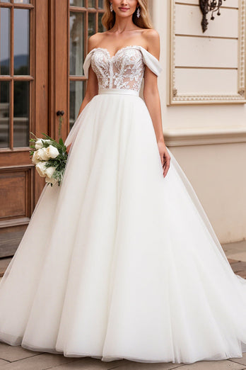 Ivory A Line Off the Shoulder Sweep Train Wedding Dress with Lace