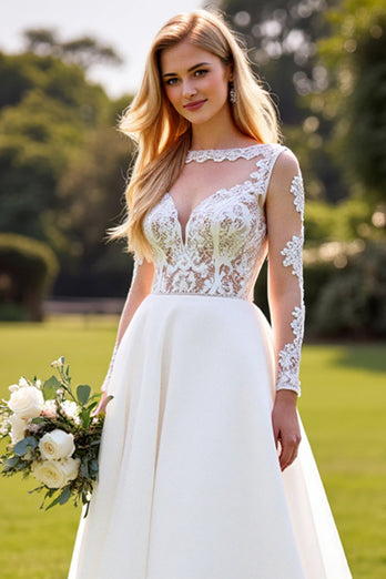 Ivory A Line Sweetheart Sweep Train Wedding Dress with Lace