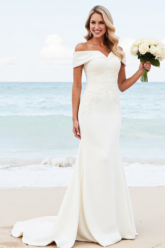 Simple Ivory Satin Off the Shoulder Sweep Train Mermaid Wedding Dress with Lace