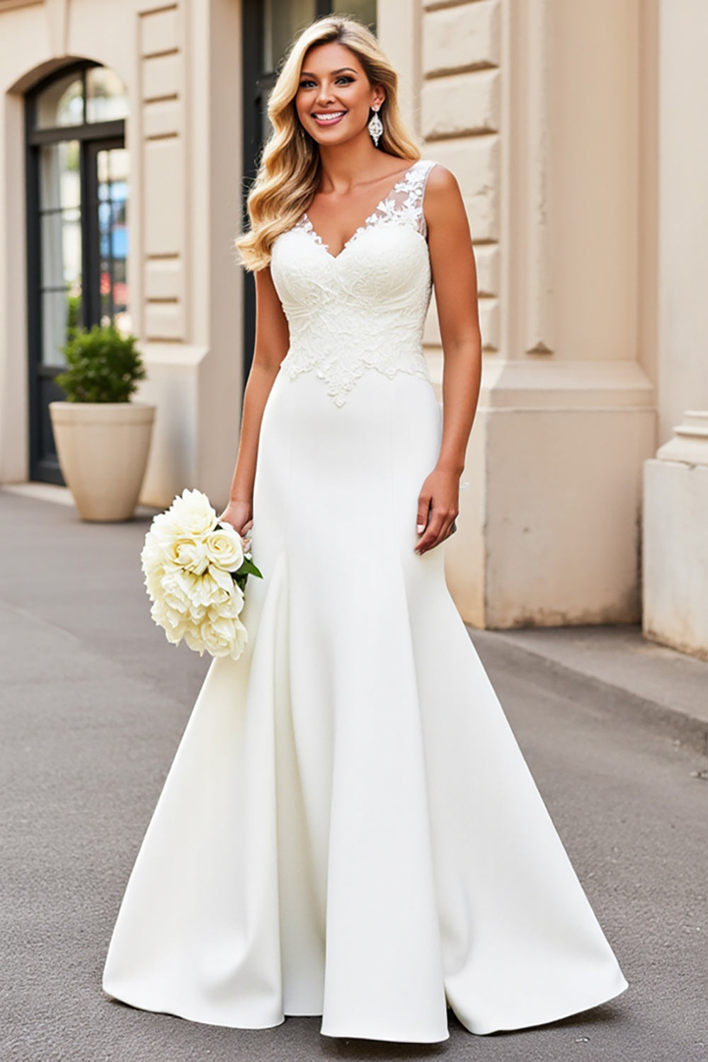 Simple Ivory Mermaid Satin Sweep Train V Neck Wedding Dress with Lace