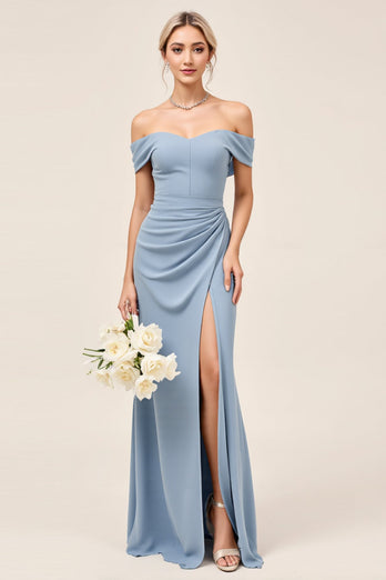 Dusty Blue Sheath Maxi Off the Shoulder Bridesmaid Dress With Slit