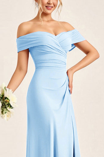 Blush Pink Sheath Off the Shoulder Maxi Bridesmaid Dress with Slit
