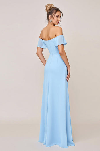 Sky Blue Off the Shoulder Maxi Sheath Bridesmaid Dress with Slit