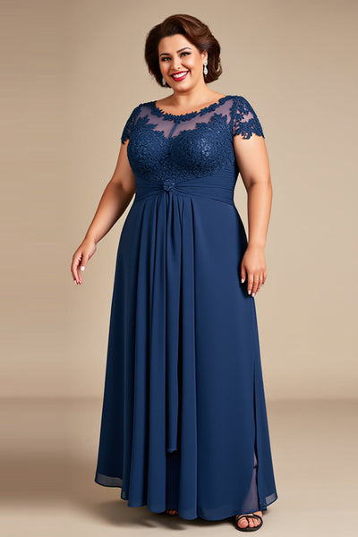 Navy Illusion Boat Neck Plus Size A Line Mother of the Bride Dress with Lace