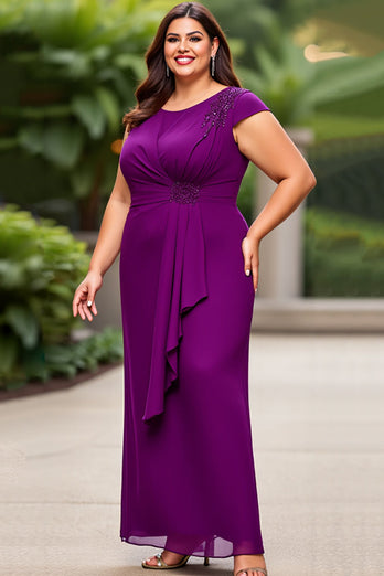 Purple Chiffon A Line Cap Sleeves Plus Size Mother of the Bride Dress