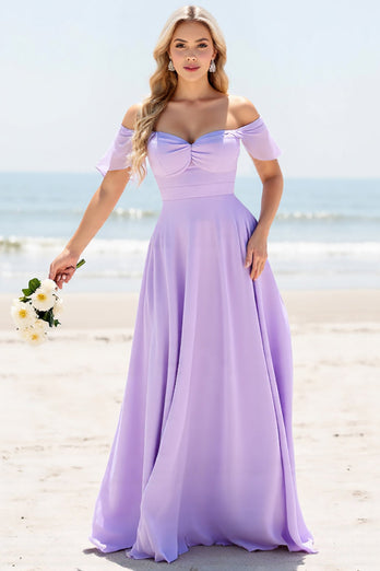 Lilac Off the Shoulder A Line Chiffon Maxi Bridesmaid Dress with Slit