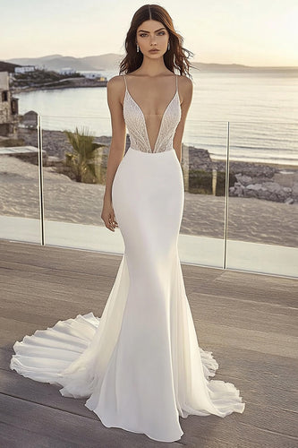 Ivory Chiffon Sweep Train Mermaid Spaghetti Straps Boho Wedding Dress