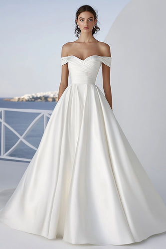 Ivory A Line Off the Shoulder Long Ruched Wedding Dress