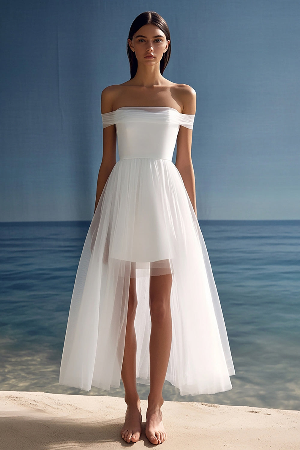White Tulle High-Low Off the Shoulder Engagement Dress