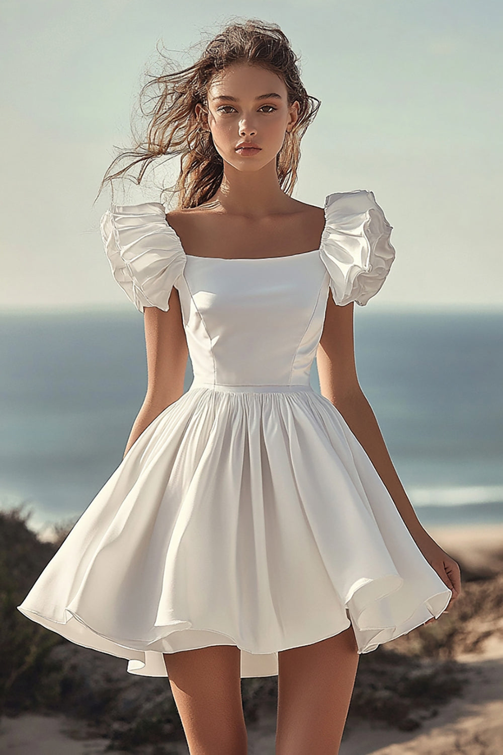 White Satin Mini Graduation Dress with Ruffles
