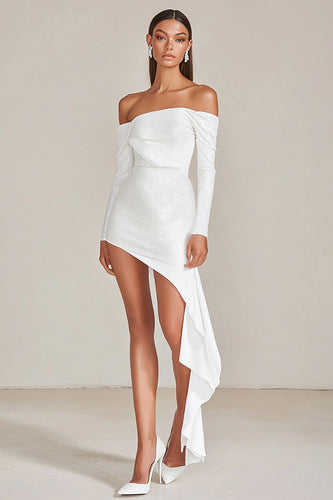 Sparkly Off the Shoulder Sequins Little White Dress
