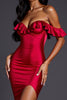Load image into Gallery viewer, Red Sheath Satin Off the Shoulder Ruffled Long Formal Dress with Slit